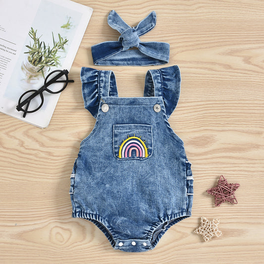 Denim Rainbow Printing Romper